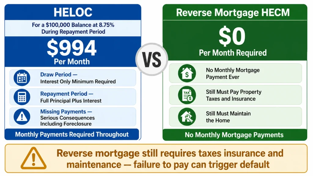 Infographic comparing HELOC required monthly payment of 994 dollars versus reverse mortgage zero monthly payment requirement