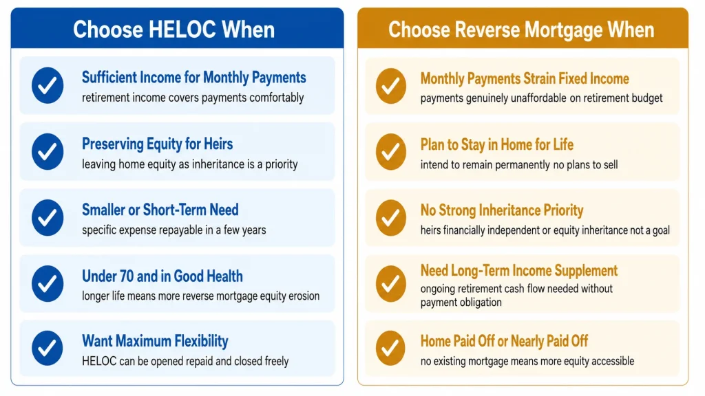 Infographic showing when senior homeowners should choose HELOC versus reverse mortgage based on income heirs health and housing plans