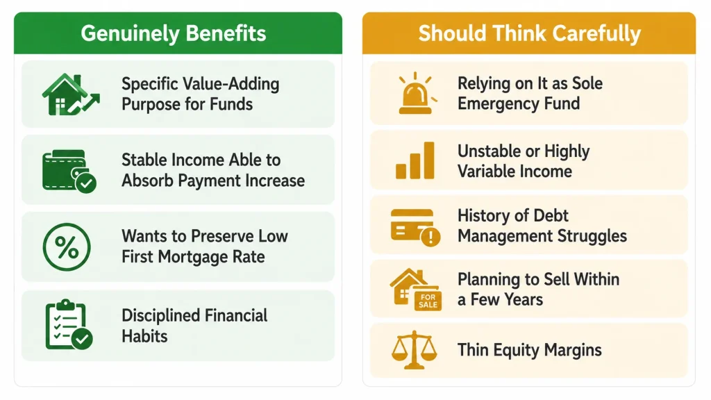 Infographic comparing homeowner profiles who genuinely benefit from a HELOC versus those who should think carefully before getting one