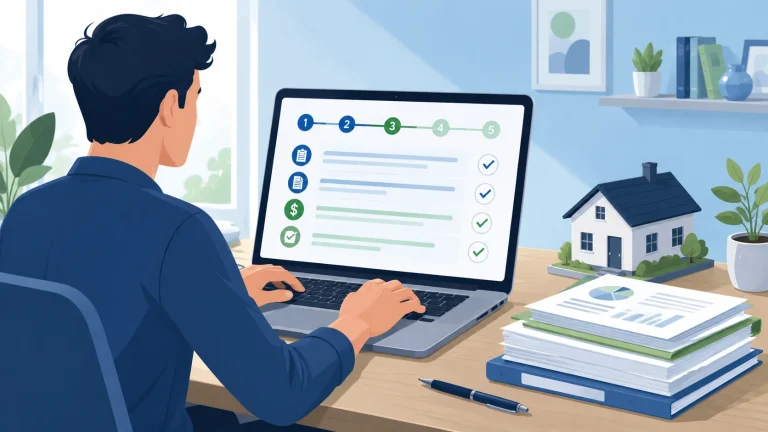 Homeowner working through HELOC application process step by step with documents and checklist