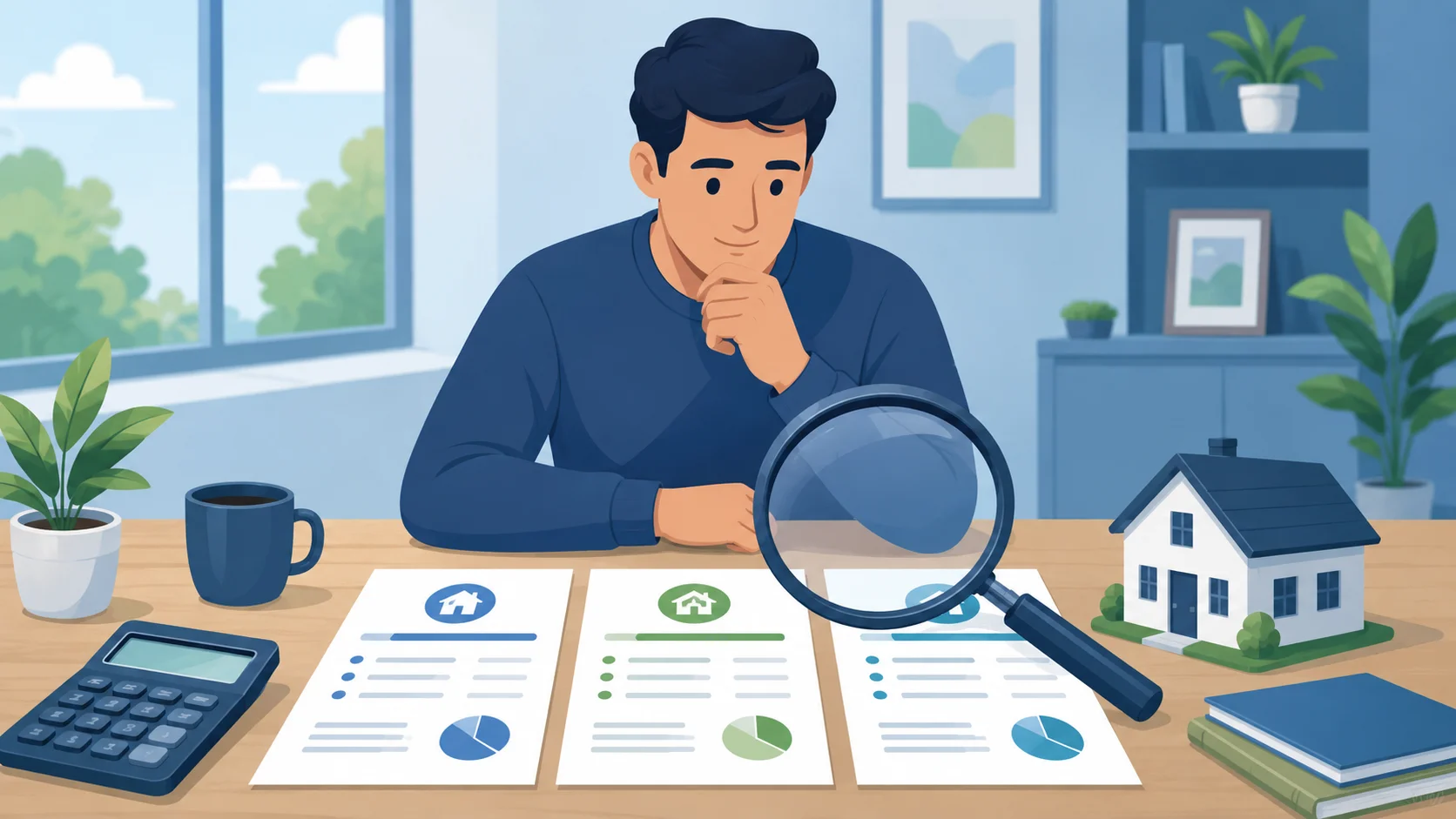 Homeowner comparing three HELOC lender offers side by side with magnifying glass