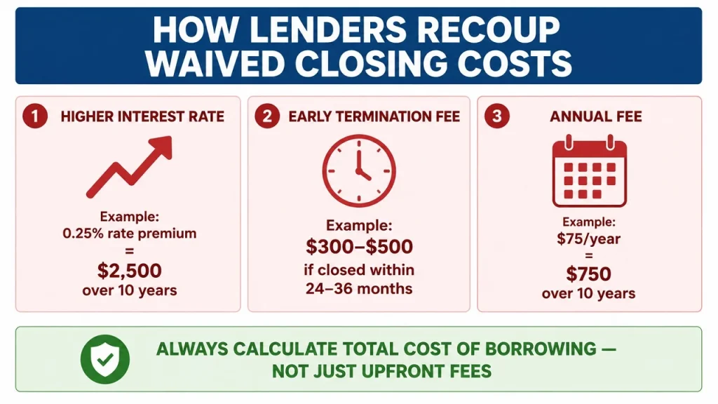 Infographic explaining how no closing cost HELOCs recoup fees through higher rates early termination fees and annual fees