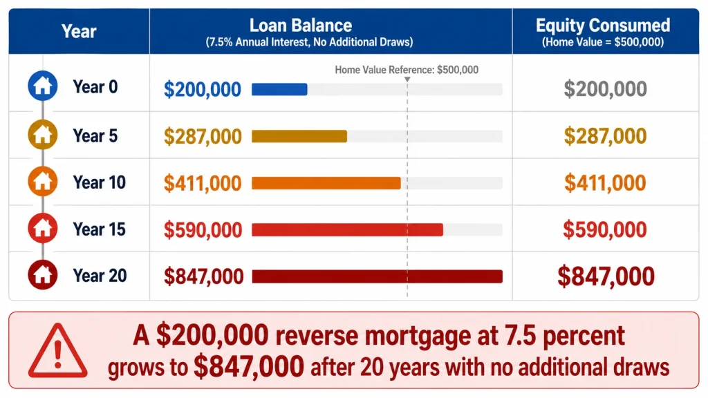 Table showing reverse mortgage loan balance growing from 200000 dollars to 847000 dollars over 20 years demonstrating equity erosion