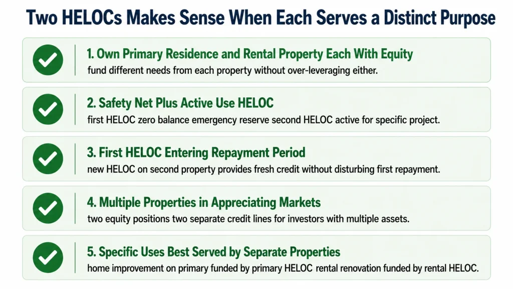 Infographic showing five situations where having two HELOCs simultaneously makes practical financial sense